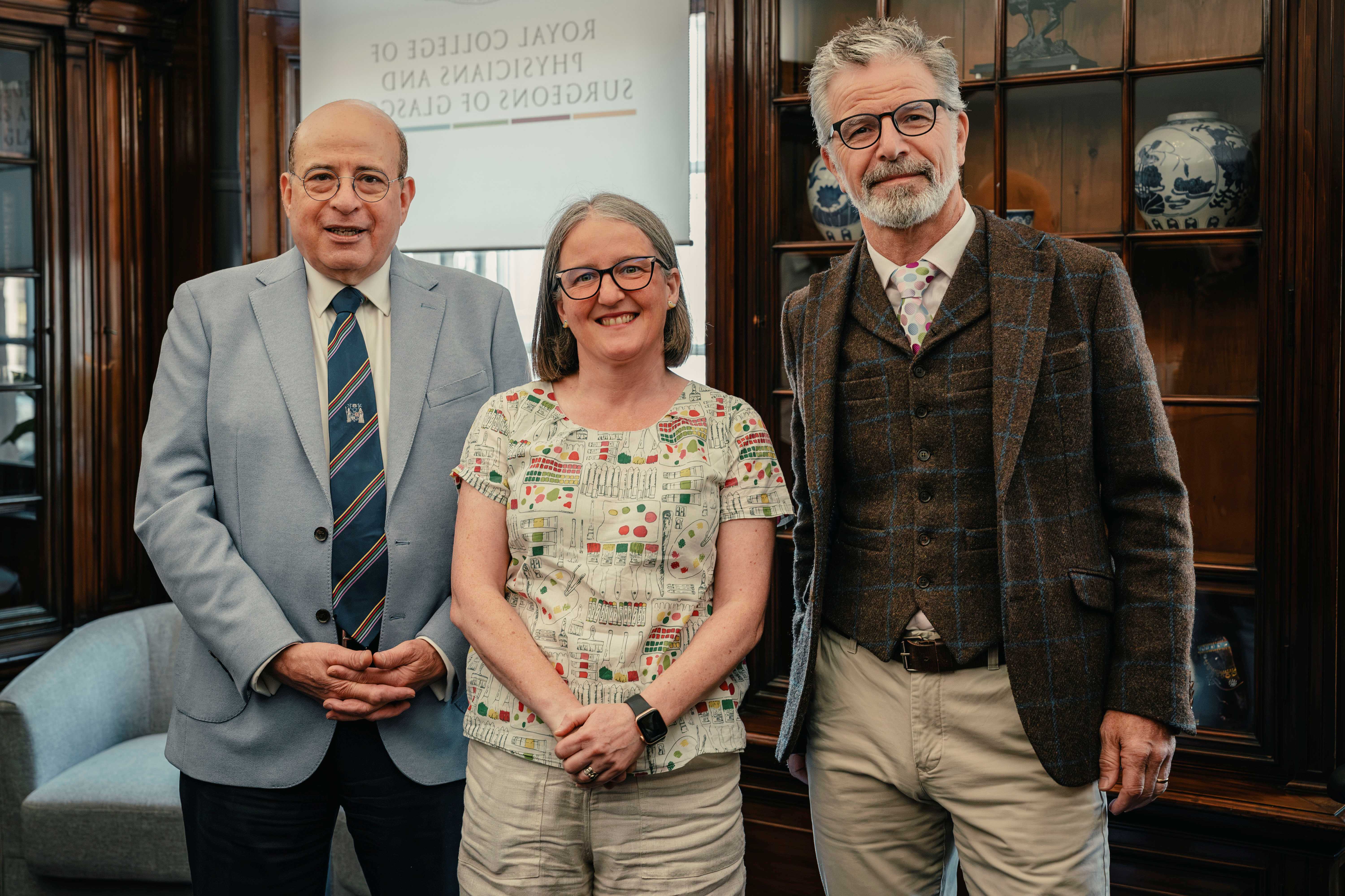 Maree Todd, Scotland’s Minister for Mental Wellbeing, Public Health, Sport, Alcohol and Drugs, with College President Professor Hany Eteiba and conference organiser Professor Gordon Mackay at the International Sport Surgery and Medicine Conference